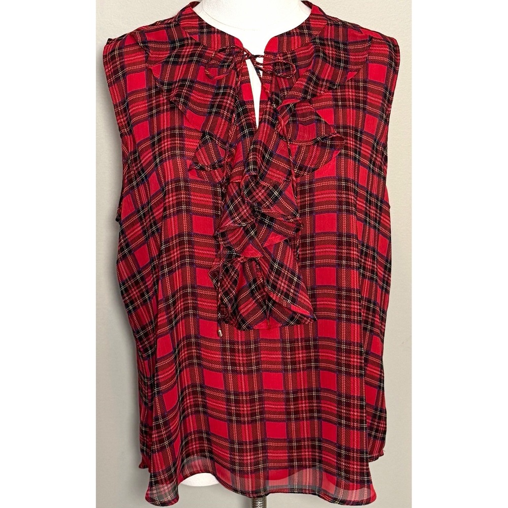 Tommy Hilfiger Red/Black Plaid V-Neck Ruffle Sleeveless Lined Blouse Women L